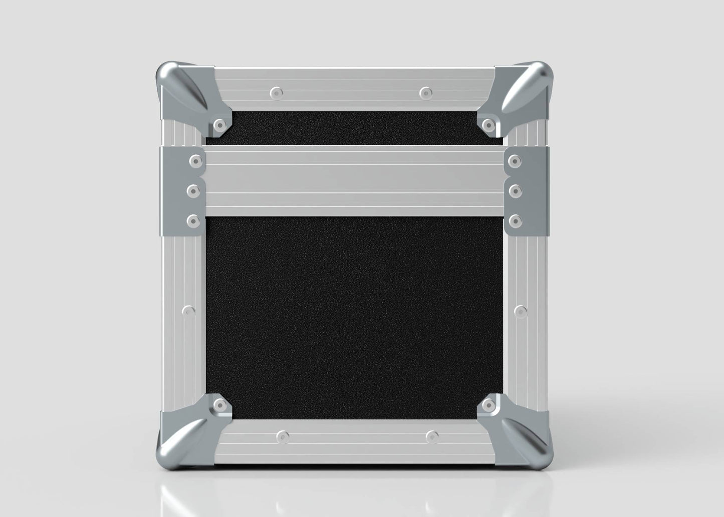 A Camera Lens Case in square black and silver metal with reinforced corners, shown closed and upright against a plain light background.