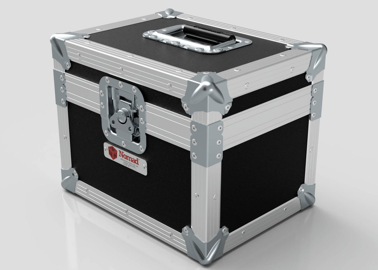 A black and silver Camera Lens Case with metal reinforcements, a top handle, front latch, and a Nomad label on the side.