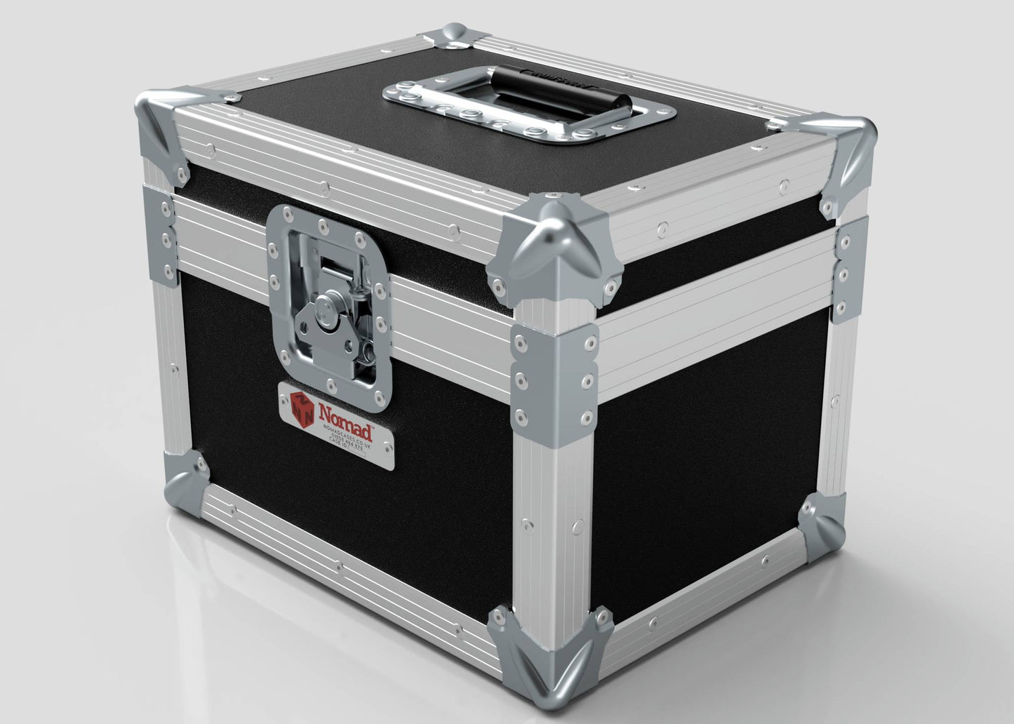 A black and silver Camera Lens Case with metal reinforcements, a top handle, front latch, and a Nomad label on the side.