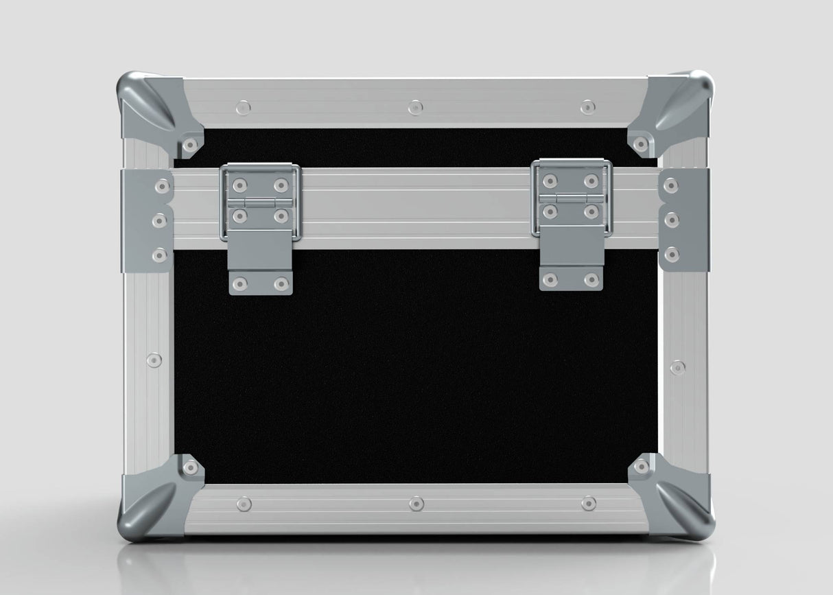 A black and silver metal Camera Lens Case with reinforced corners and two front latches, placed on a plain light background.