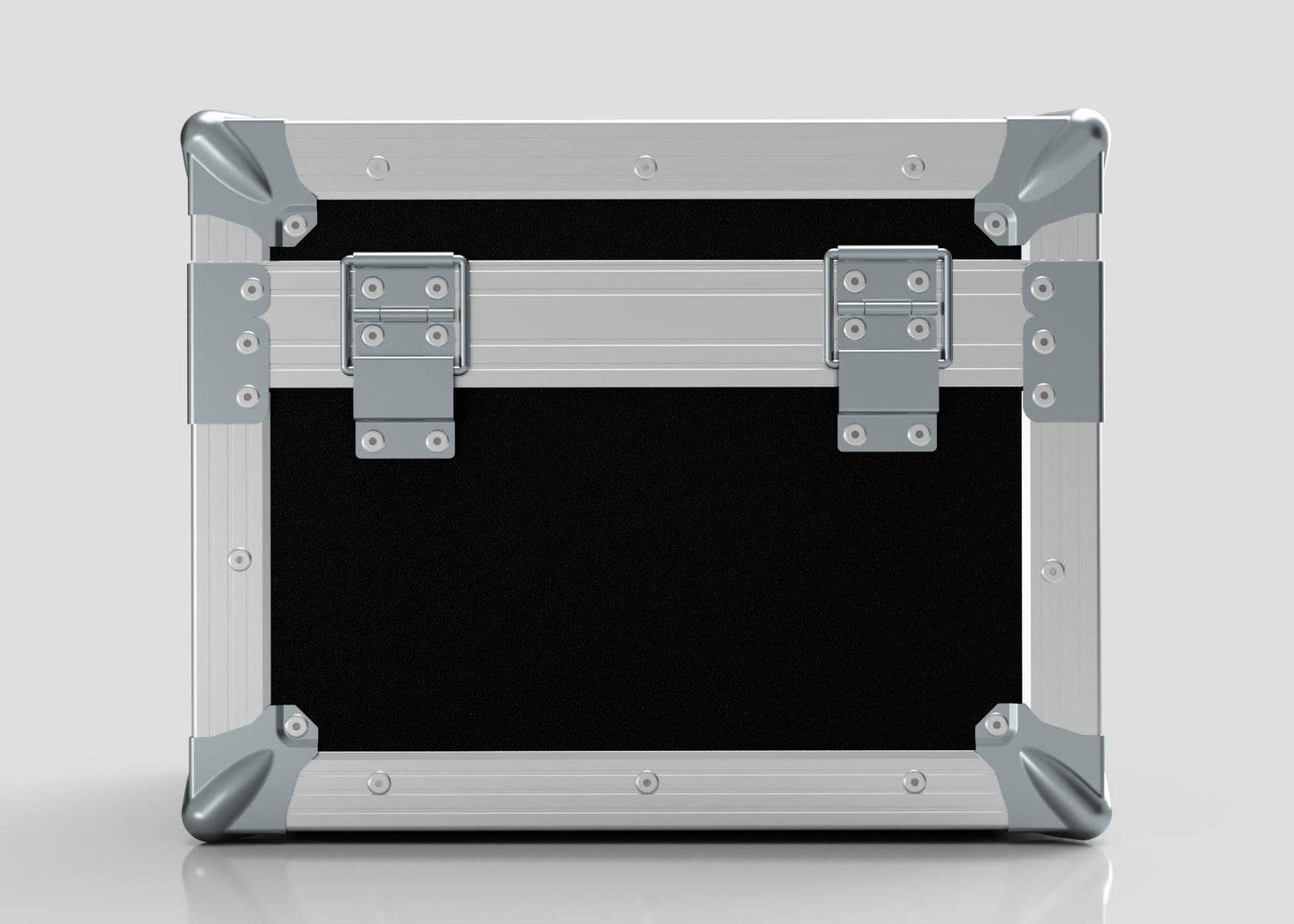 A black and silver metal Camera Lens Case with reinforced corners and two front latches, placed on a plain light background.