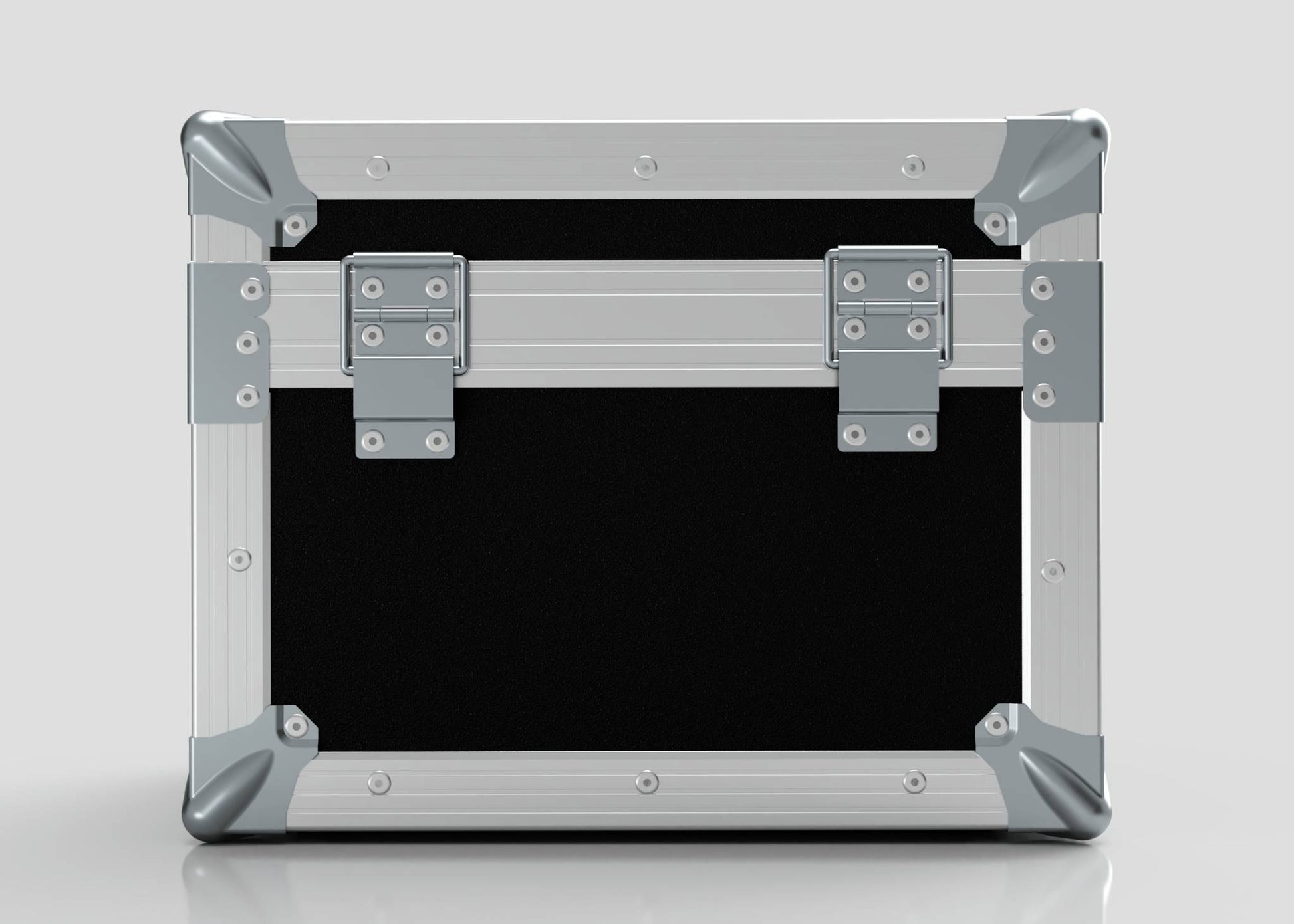 A black and silver metal Camera Lens Case with reinforced corners and two front latches, placed on a plain light background.