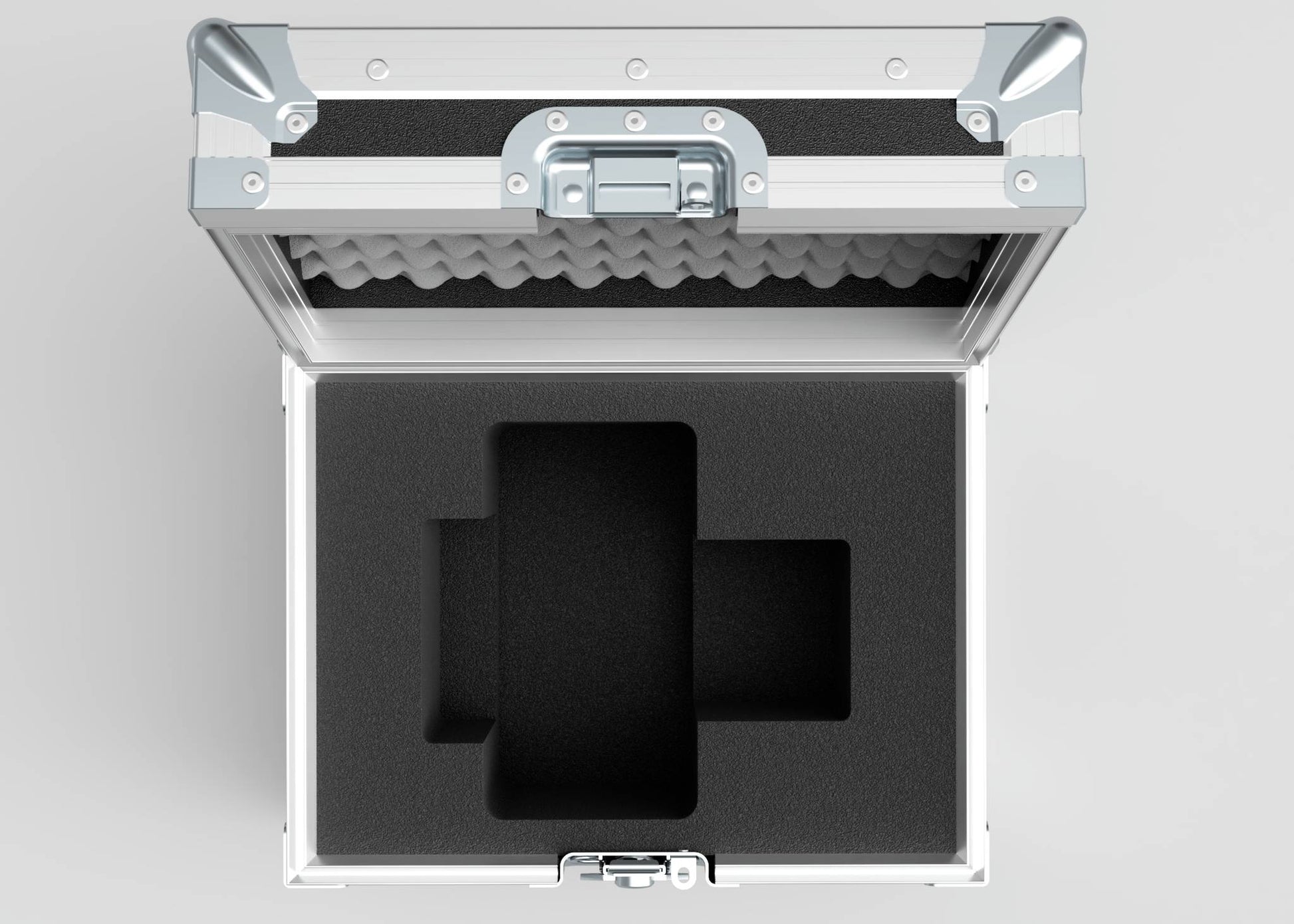 The Camera Lens Case is an open silver external storage box with foam padding and custom-shaped cutouts, designed to securely hold camera lenses and provide precise, organized protection.