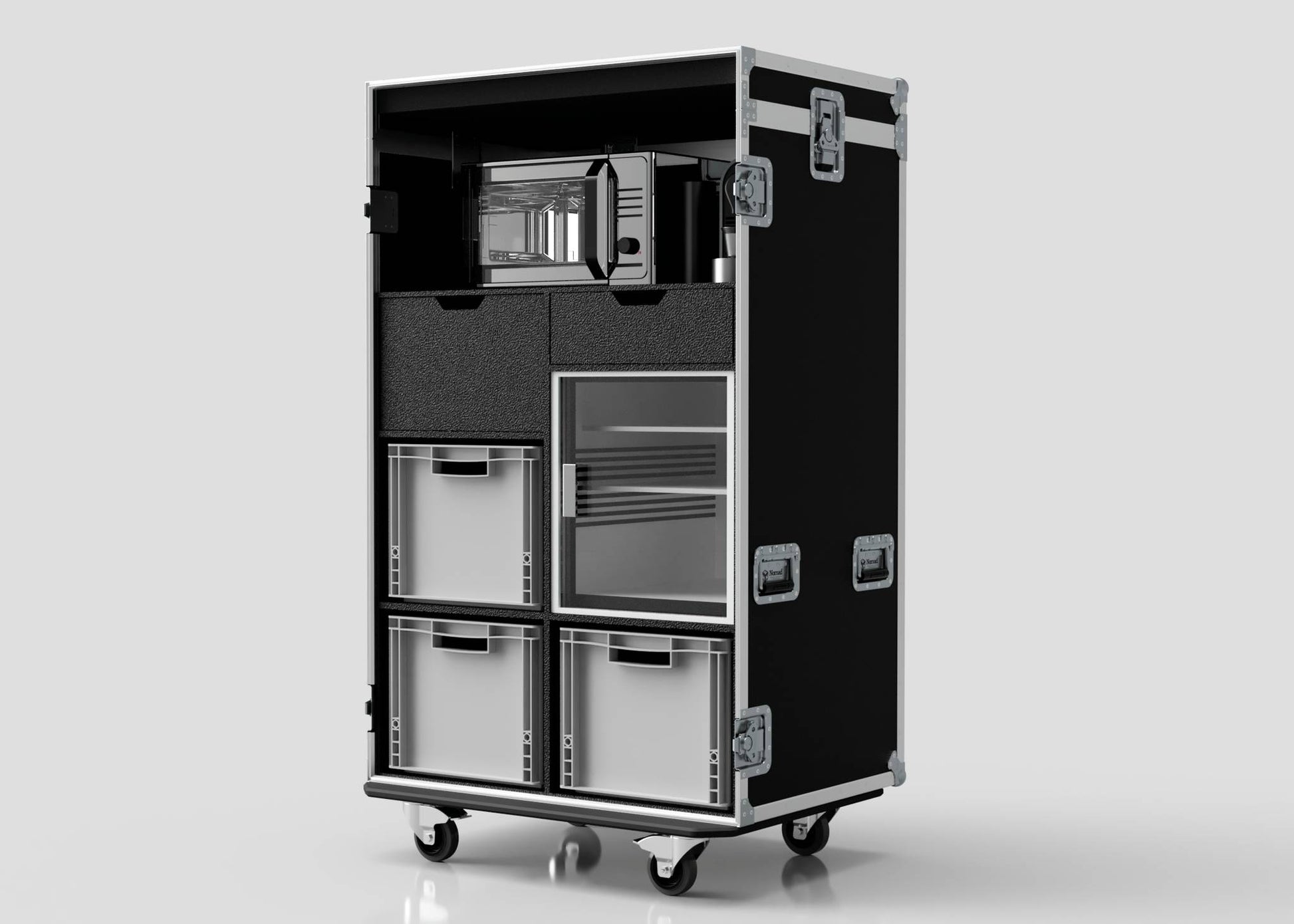 The Catering Case is a black wheeled equipment case with an open front, showing storage drawers, clear bins, compartments, and a small appliance on the upper shelf. External dimensions: 911 x 735 x 1567 mm.