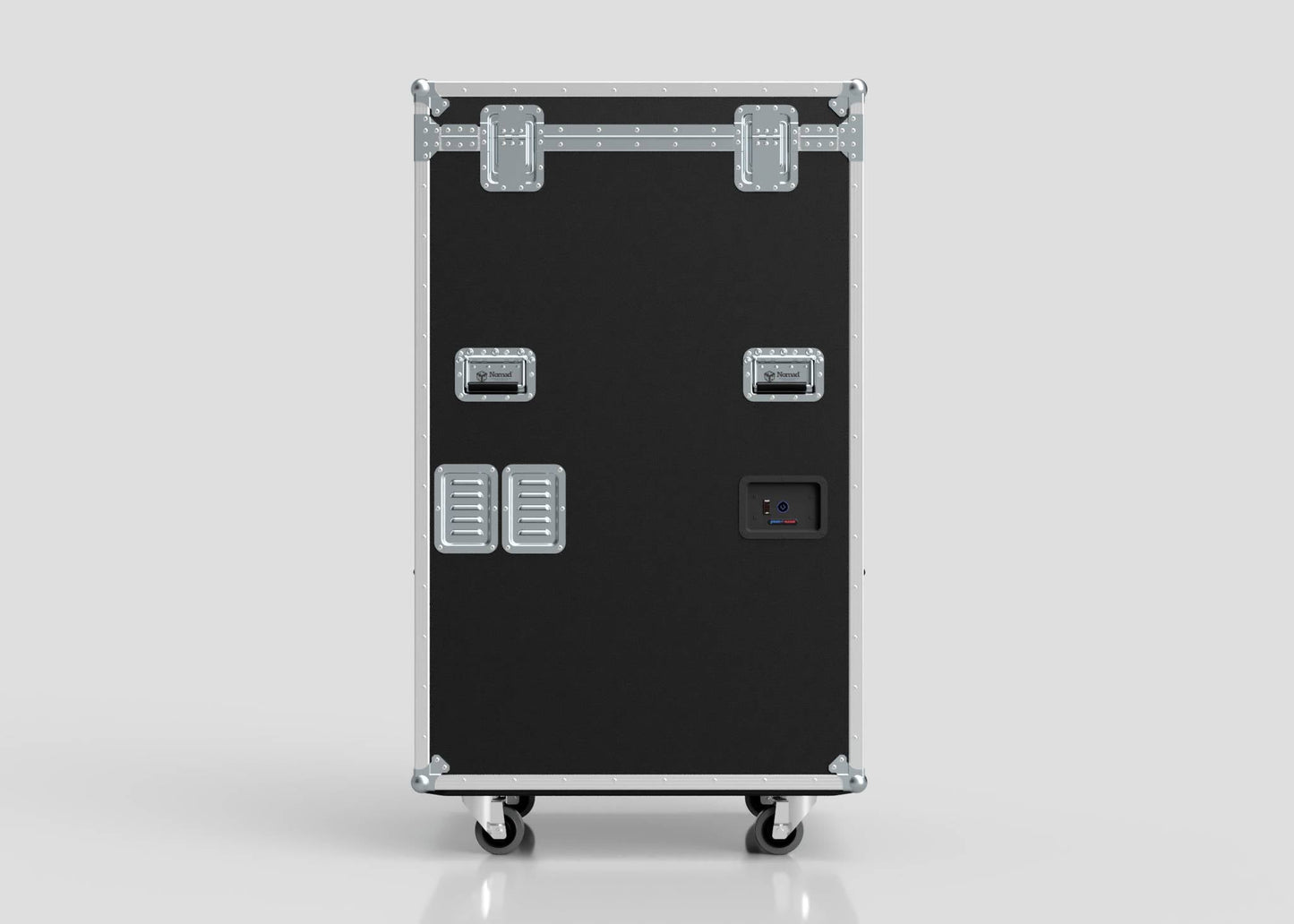 The Catering Case is a black rectangular equipment case with metal edges, handles, latches, ventilation grilles, and four caster wheels. Its external dimensions are 911 x 735 x 1567 mm and it stands against a plain background.