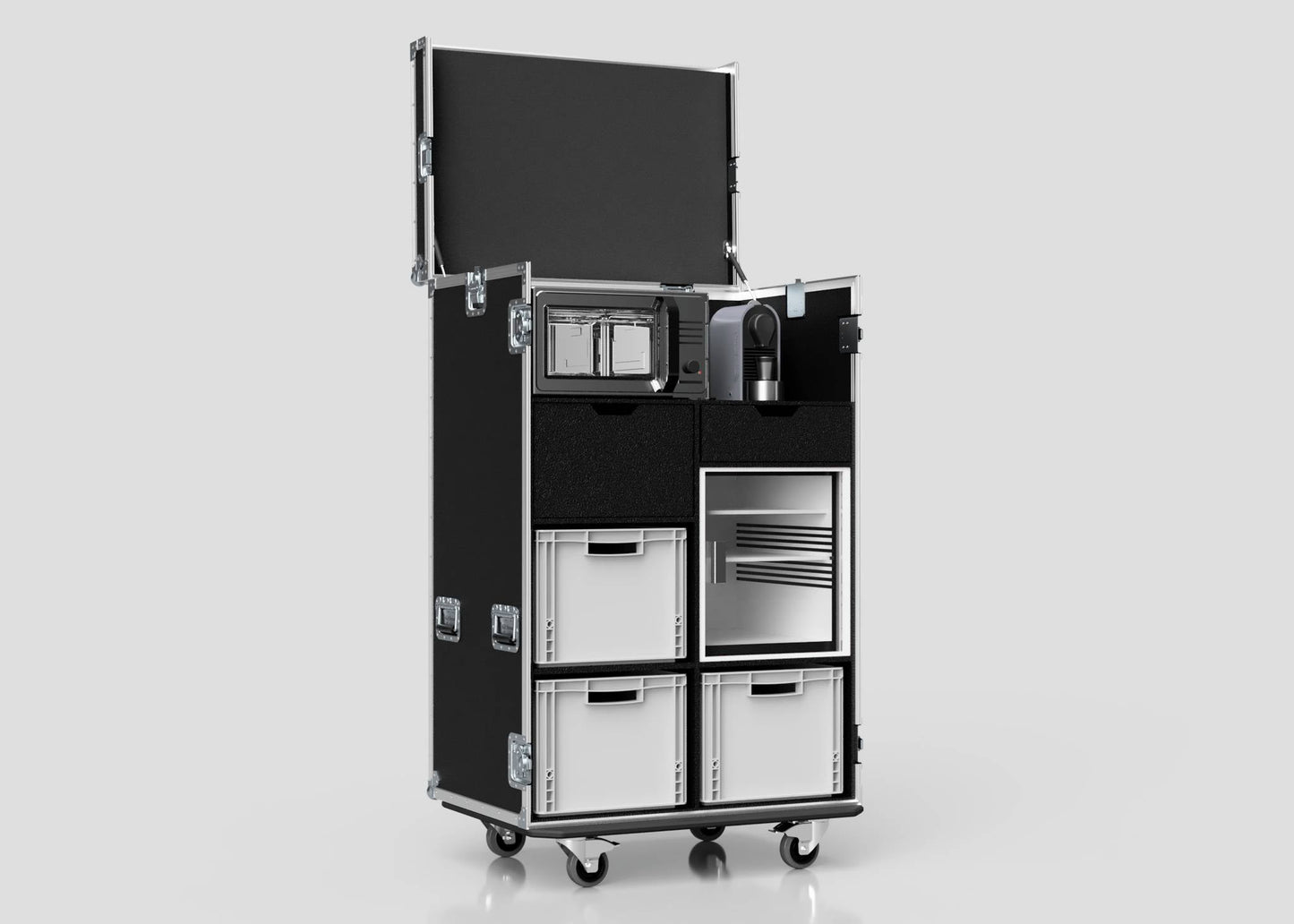 The Catering Case, shown open against a plain background, features compartments for a microwave, coffee maker, mini fridge, and white bins. It is black, on wheels, and measures 911 x 735 x 1567 mm externally.