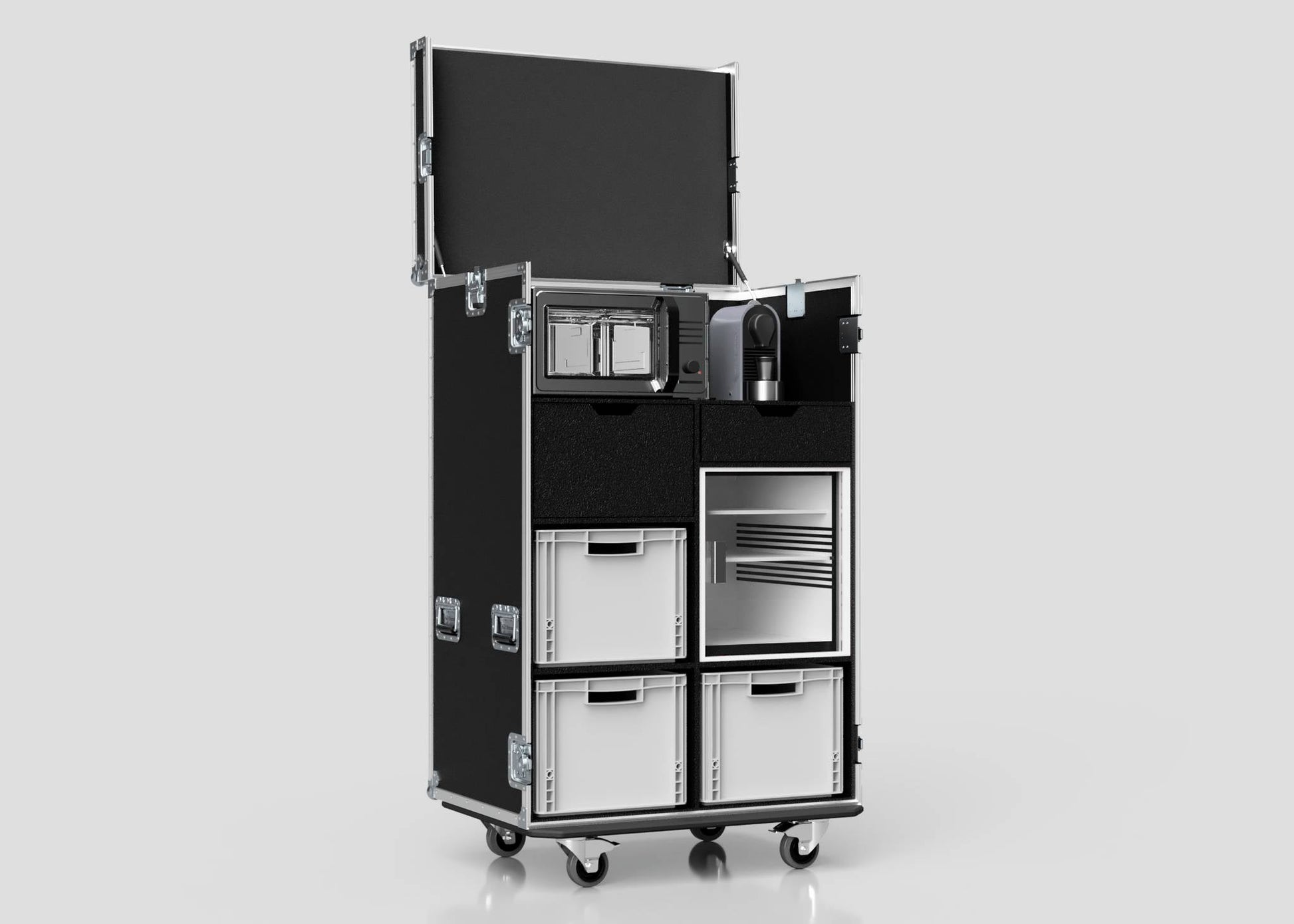 The Catering Case, shown open against a plain background, features compartments for a microwave, coffee maker, mini fridge, and white bins. It is black, on wheels, and measures 911 x 735 x 1567 mm externally.