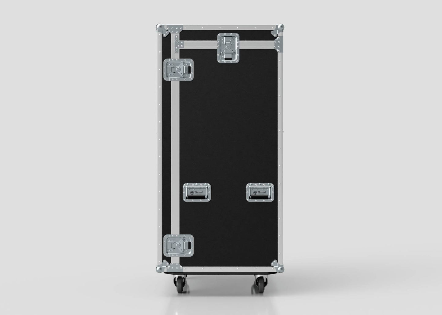 The Catering Case is a black hard case with metal edges, four latches, and two bottom wheels, shown upright on a plain background. Its external dimensions are 911 x 735 x 1567 mm.