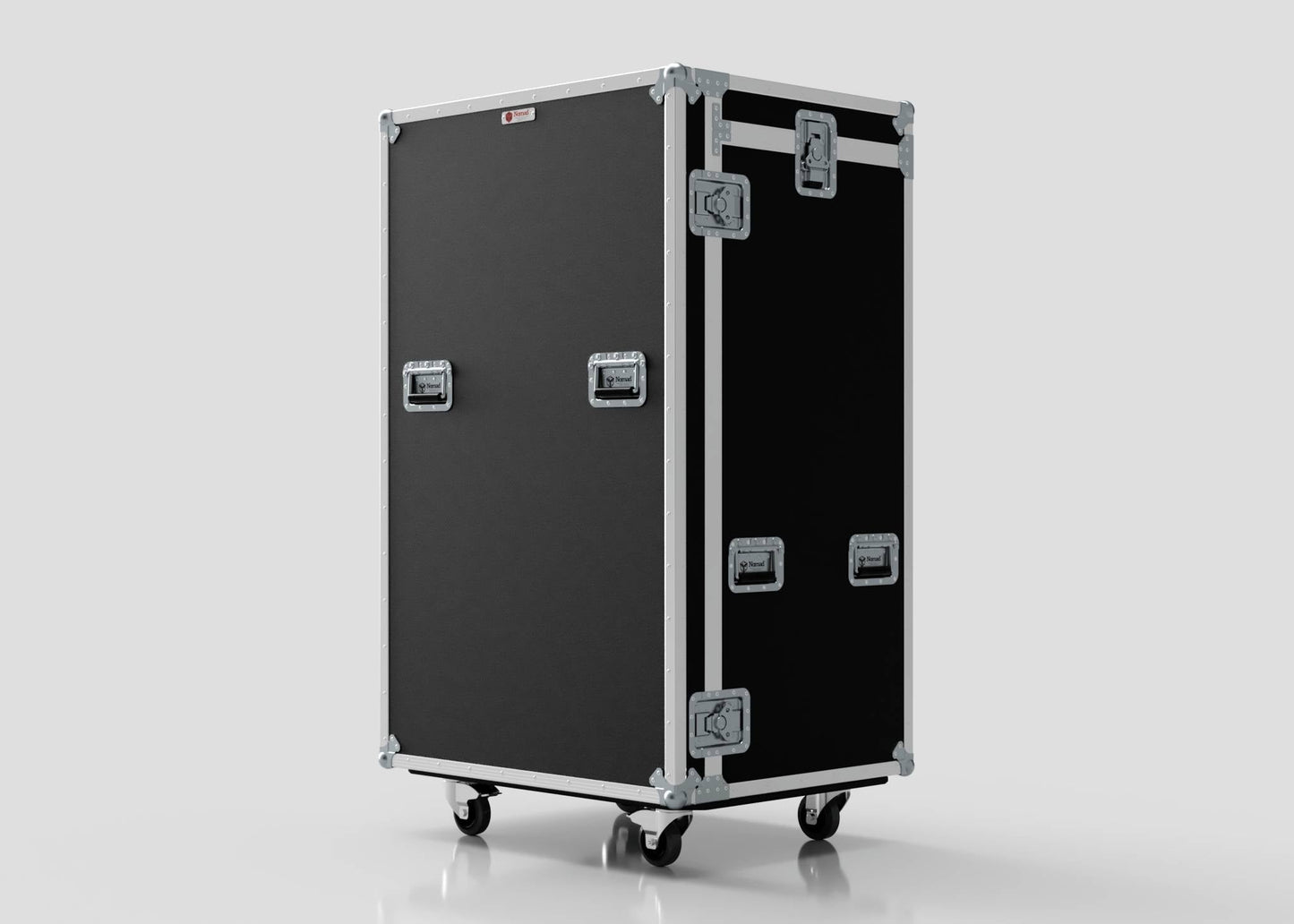 The Catering Case is a large black equipment case with metal edges, handles, latches, and caster wheels, shown upright against a plain background. Its external dimensions are 911 x 735 x 1567 mm.