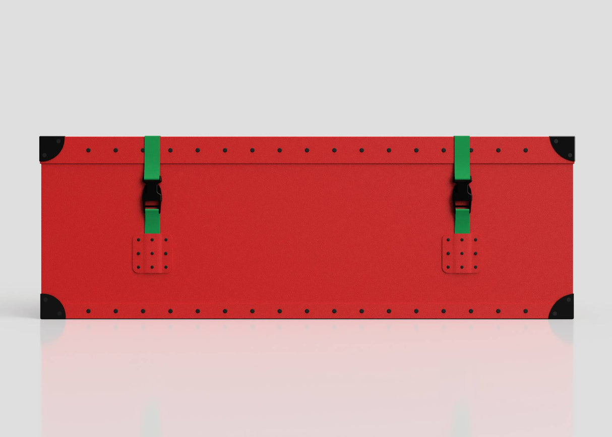 The Christmas Tree Storage Box is a rectangular red case with black corner protectors, green straps, and black buckles, shown on a white background—perfect for storing your Christmas tree or organizing holiday decorations.
