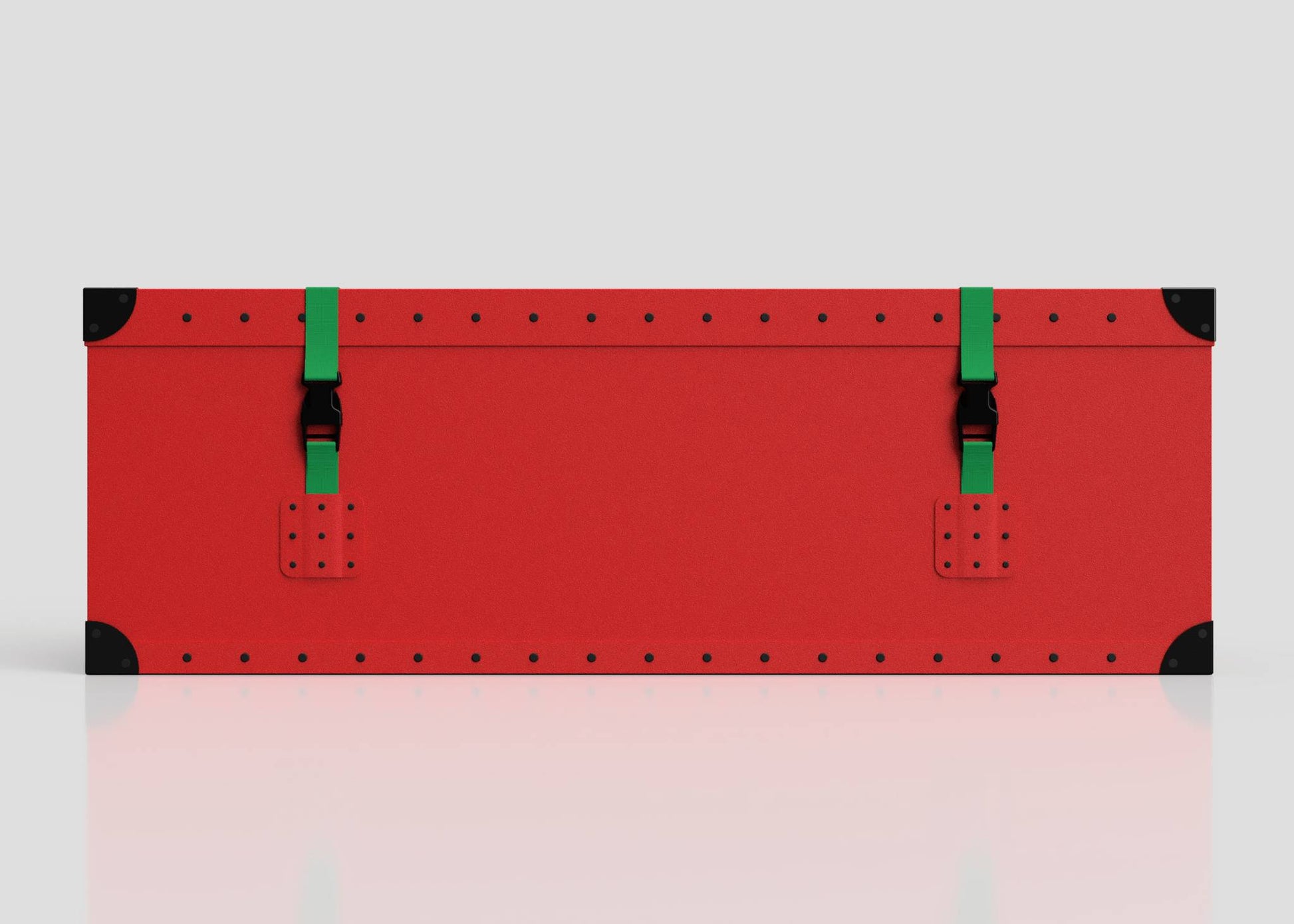 The Christmas Tree Storage Box is a rectangular red case with black corner protectors, green straps, and black buckles, shown on a white background—perfect for storing your Christmas tree or organizing holiday decorations.