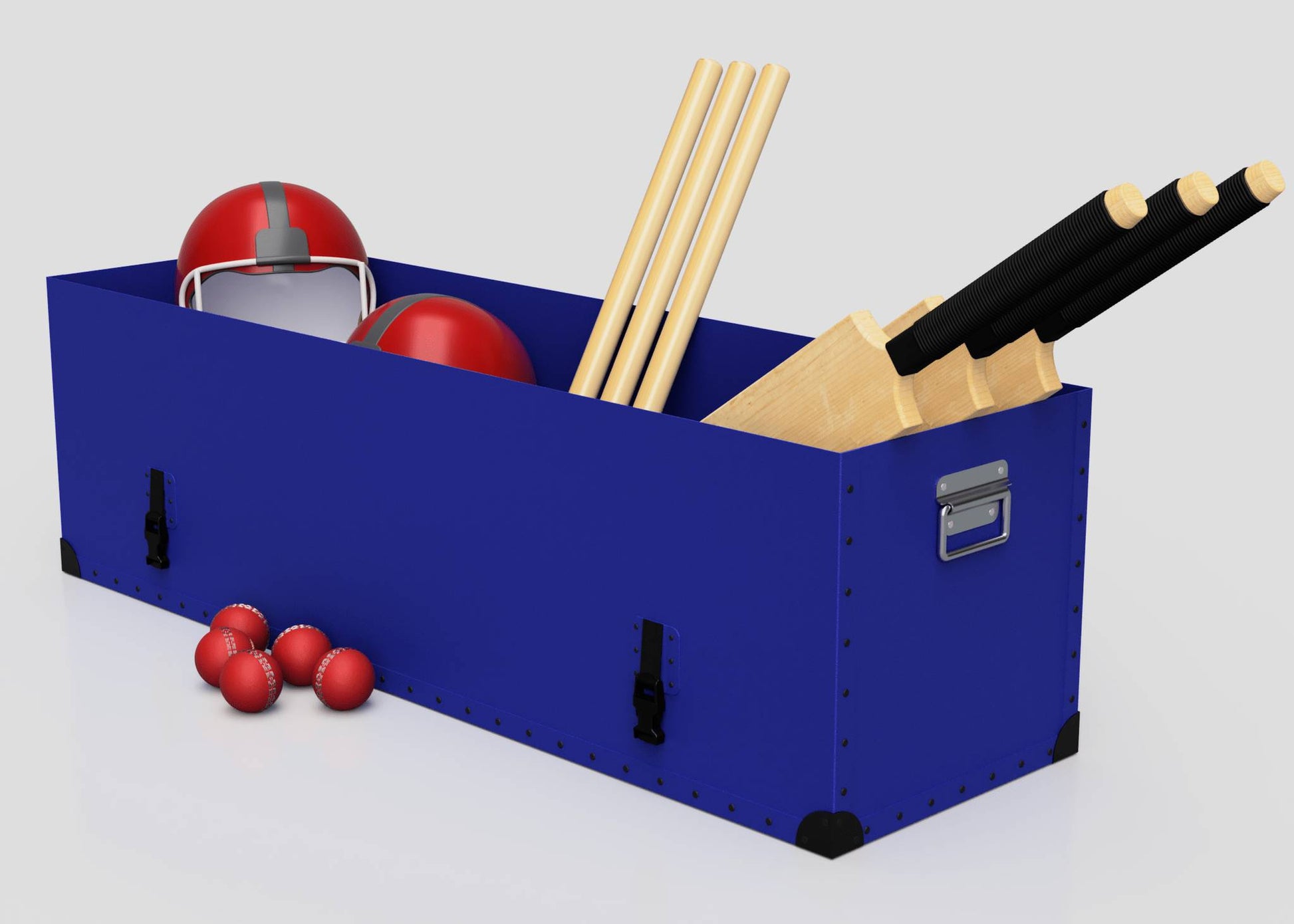 The Cricket Storage Poly Case (Large), featuring a zinc drop handle, holds red cricket helmets, bats, and stumps, with several red cricket balls placed beside it.