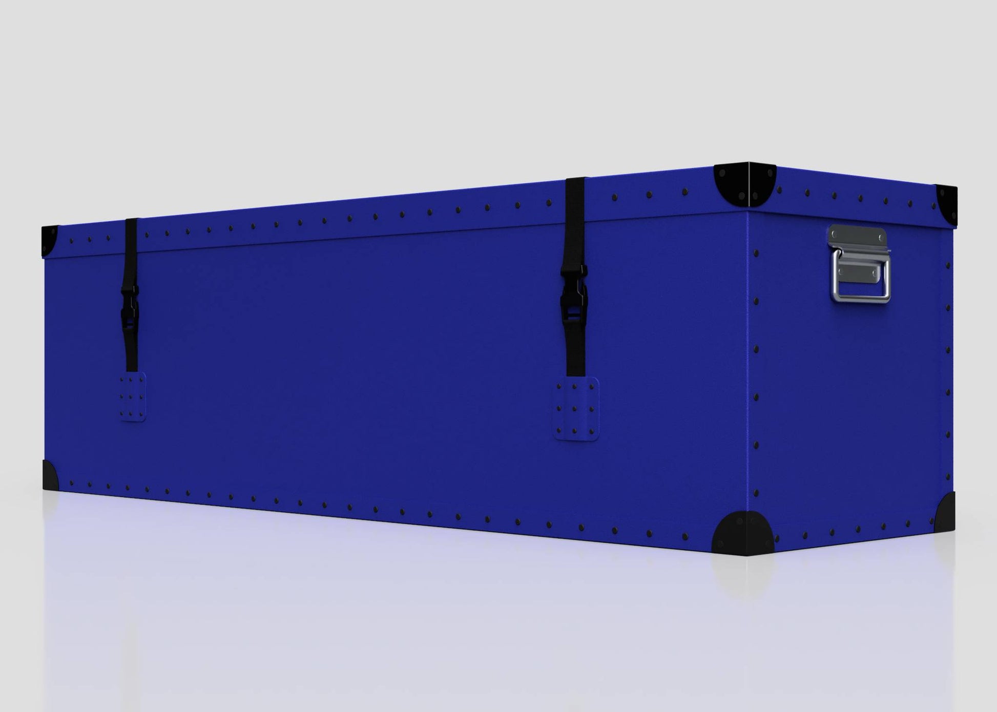 The Cricket Storage Poly Case (Large) is a rectangular blue polyethylene box with black corner protectors, metal rivets, two black straps with side-release buckle, and a metal handle at one end, shown on a plain white background.