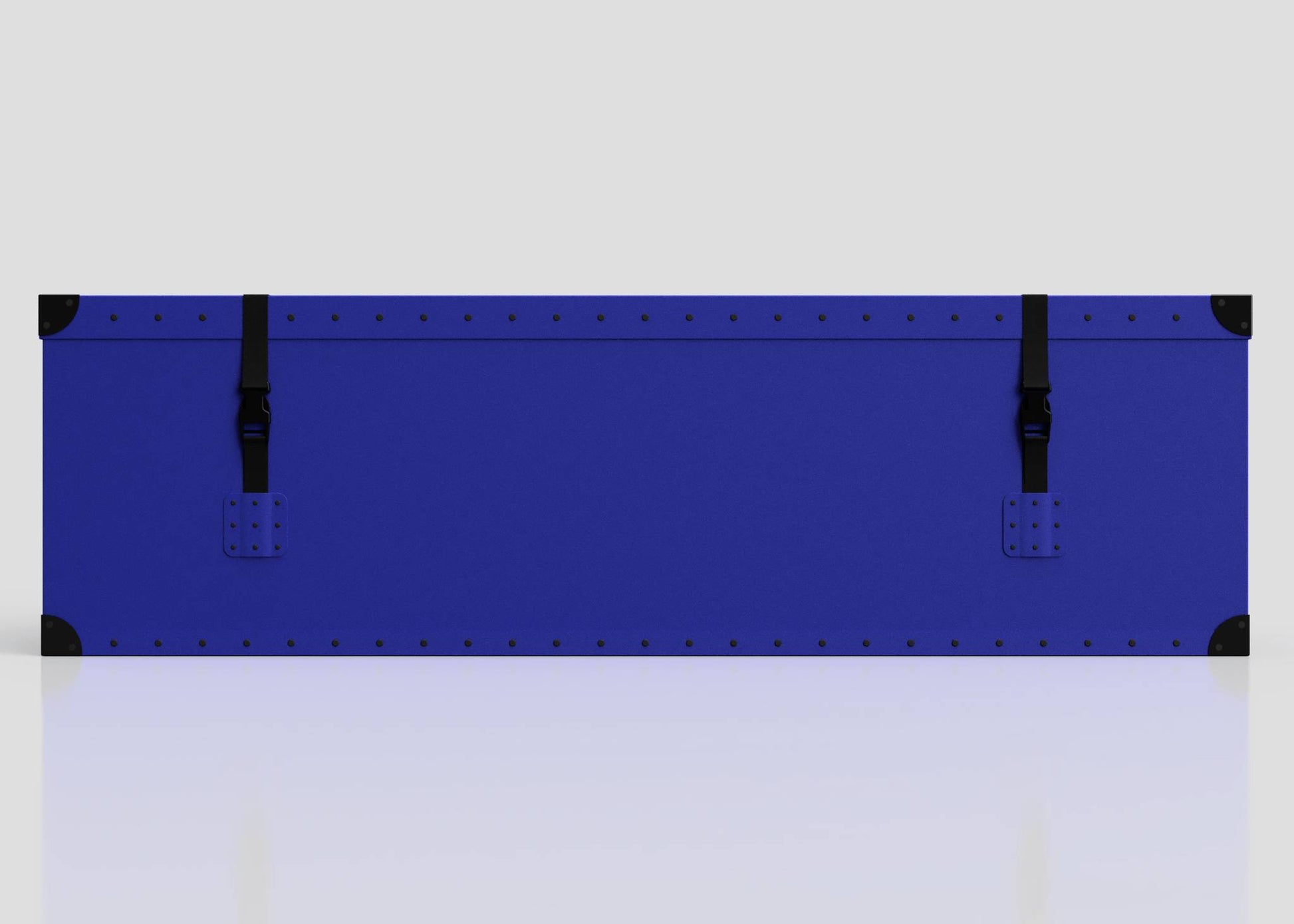 The Cricket Storage Poly Case (Large) is a blue rectangular polyethylene box featuring black corner protectors, a zinc drop handle, and two black straps shown on a light grey background.