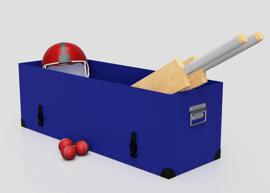 The Cricket Storage Poly Case (Medium) holds two cricket bats and a red helmet, while three red cricket balls lie on the ground next to it.