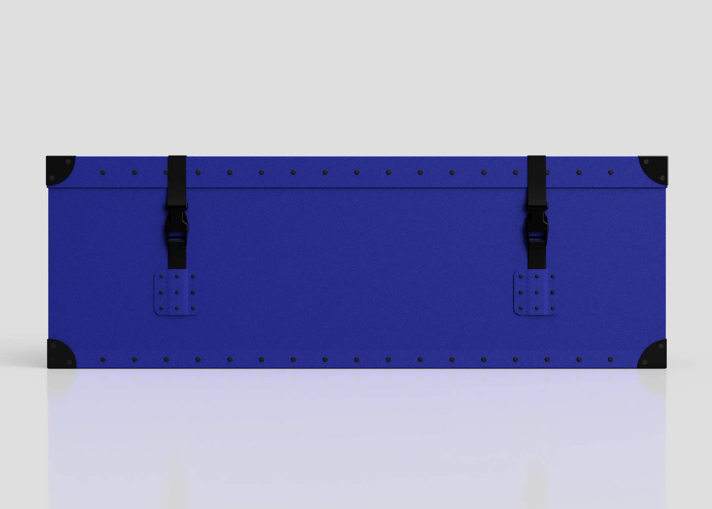 The Cricket Storage Poly Case (Small) is a blue rectangular polyethylene box with black corner protectors, two side-release buckle straps, and zinc drop handles, displayed against a plain light background.