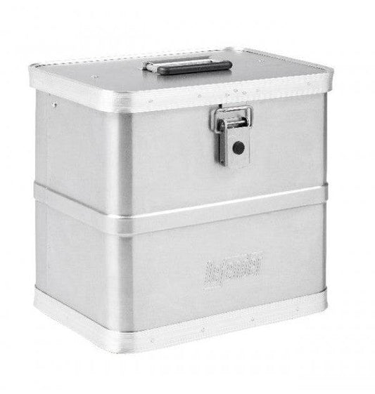The Defender KA44-016 is a rectangular, silver, stackable metal storage box with a handle on the lid and a front latch—ideal for organizing and carrying your items.