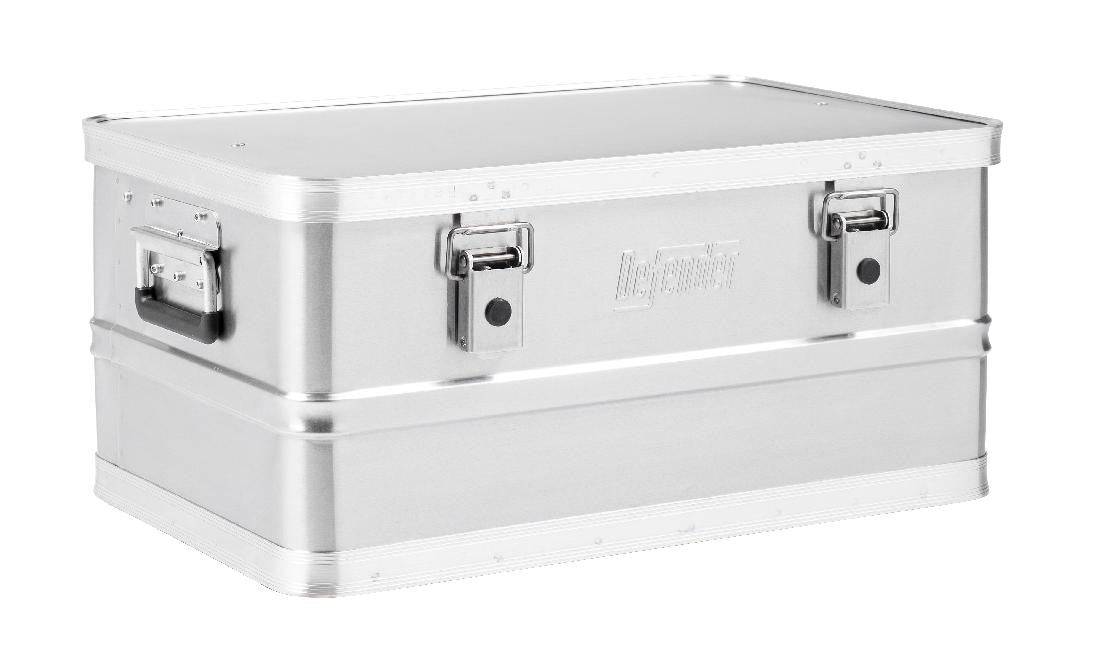 The Defender KA44-017 is a rectangular, silver, lightweight aluminium case featuring two front latches, metal side handles, and a slightly raised lid, shown against a white background.
