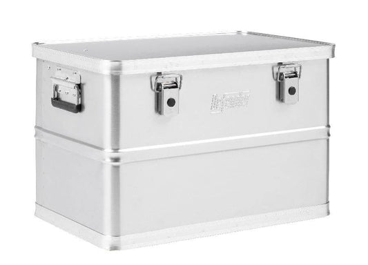 The Defender KA44-018 is a rectangular, lightweight aluminum case with reinforced edges, side handles, and two front latches—ideal as a stackable storage box for organized, secure storage. Photographed against a white background.