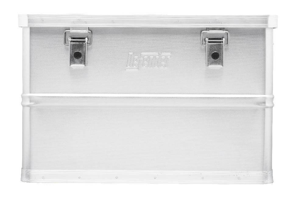 The Defender KA44-018 is a lightweight rectangular silver aluminum storage box with two latch closures and a subtle embossed logo, designed for easy transport and ideal for organizing essentials.