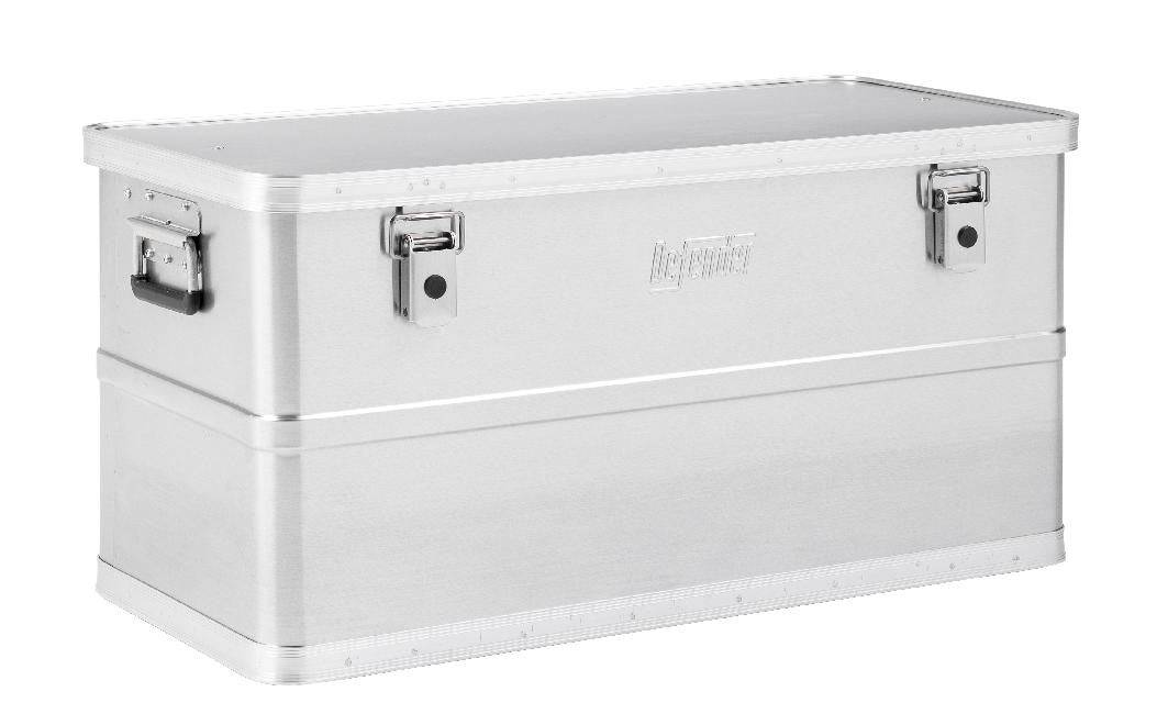 The Defender KA44-019 is a rectangular, lightweight aluminum box with side handles, two front latches, and a hinged lid—perfect as a stackable storage box to securely organize items.