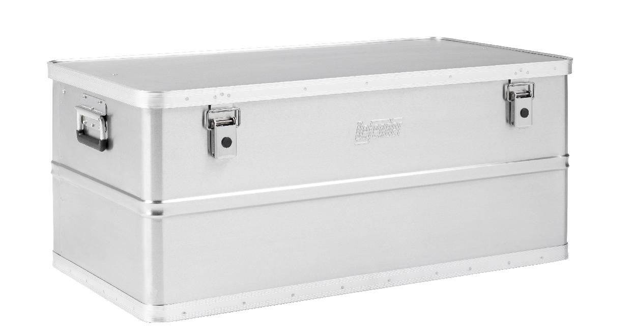 The Defender KA44-020 is a lockable, rectangular silver metal box with two latches, side handles, and a hinged lid—ideal as a stackable storage solution for versatile organization.