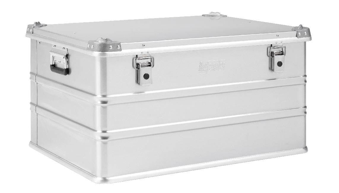 The Defender KA64-010, a large silver 155L case with reinforced corners, side handles, and two front latch closures, is displayed against a white background.
