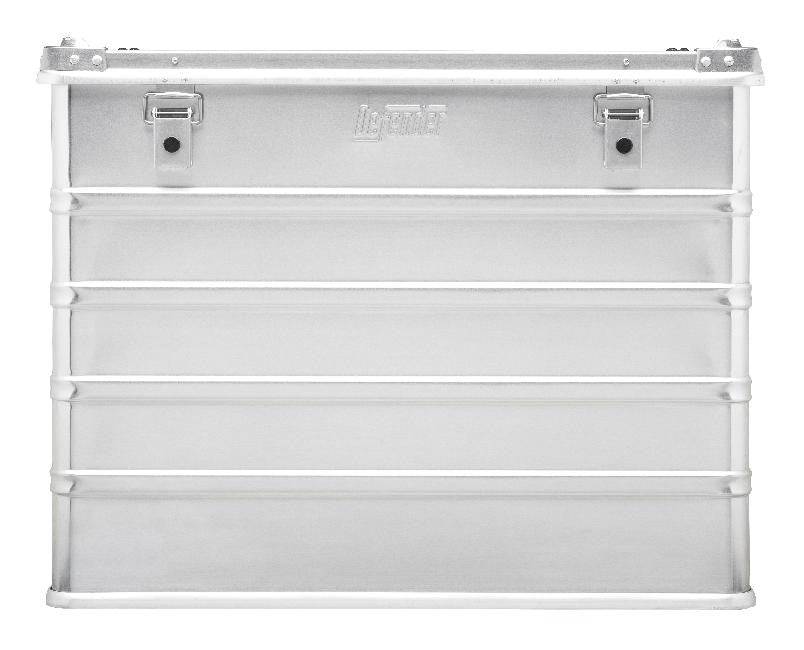 The Defender KA64-011 is a rectangular silver metal storage box with a 240L capacity, two front latches, horizontal ridges, and the brand name embossed at the center.