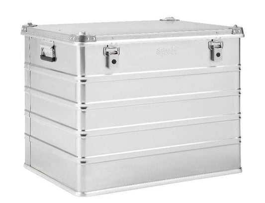 The Defender KA64-011 is a large rectangular silver case with reinforced corners, two side handles, secure front latches, a fitted lid, and a spacious 240L capacity for versatile storage and transport.