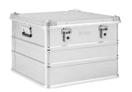 The Defender KA74-007 is a silver metal storage box with corner reinforcements, side handles, and front latches. This 115 litre case is displayed against a white background.