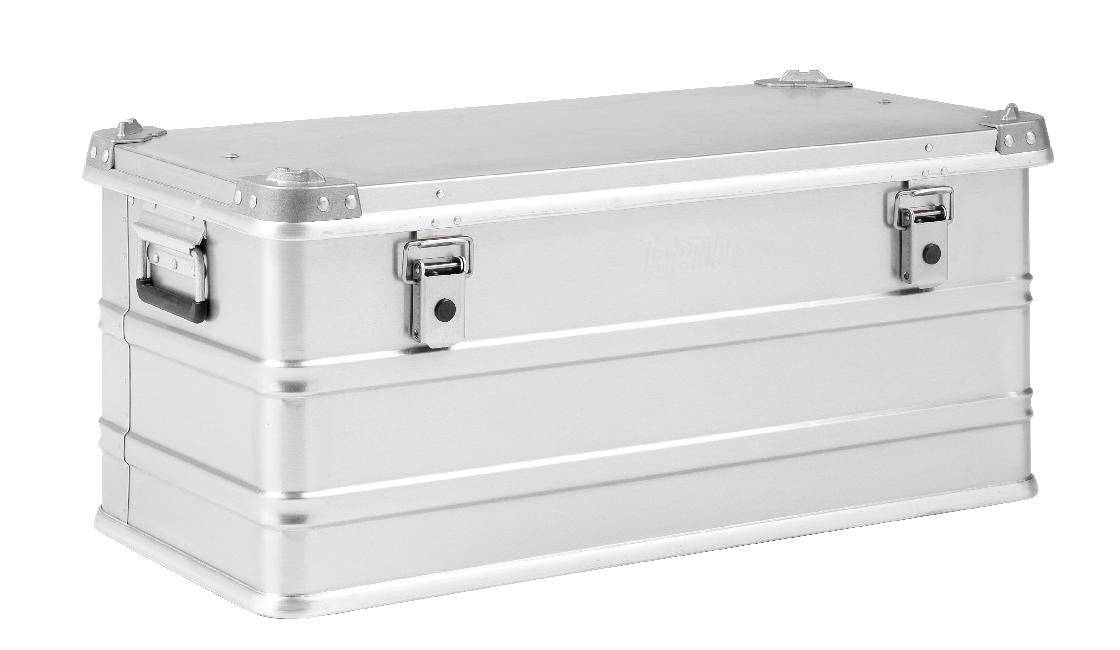 The Defender KA74-009 is a rectangular silver metal storage box with side handles, two front latches, an 81-litre capacity, and a custom routed foam interior, shown against a plain white background.