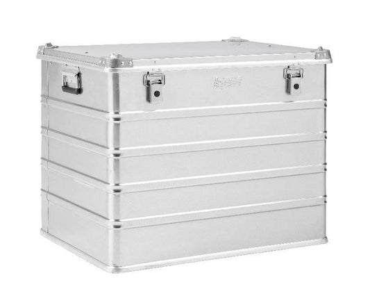 The Defender KA74-011 is a rectangular silver metal case with a hinged lid, side handles, front latch closures, custom routed foam interior, and 240L capacity; shown against a white background.