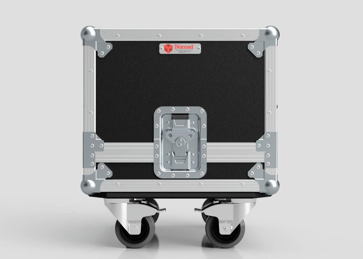 A black and silver Diff Case road case with metal reinforcements, latches, Nomad label, and heavy-duty caster wheels is shown against a plain backdrop. External dimensions are in mm for precise fit and transport.