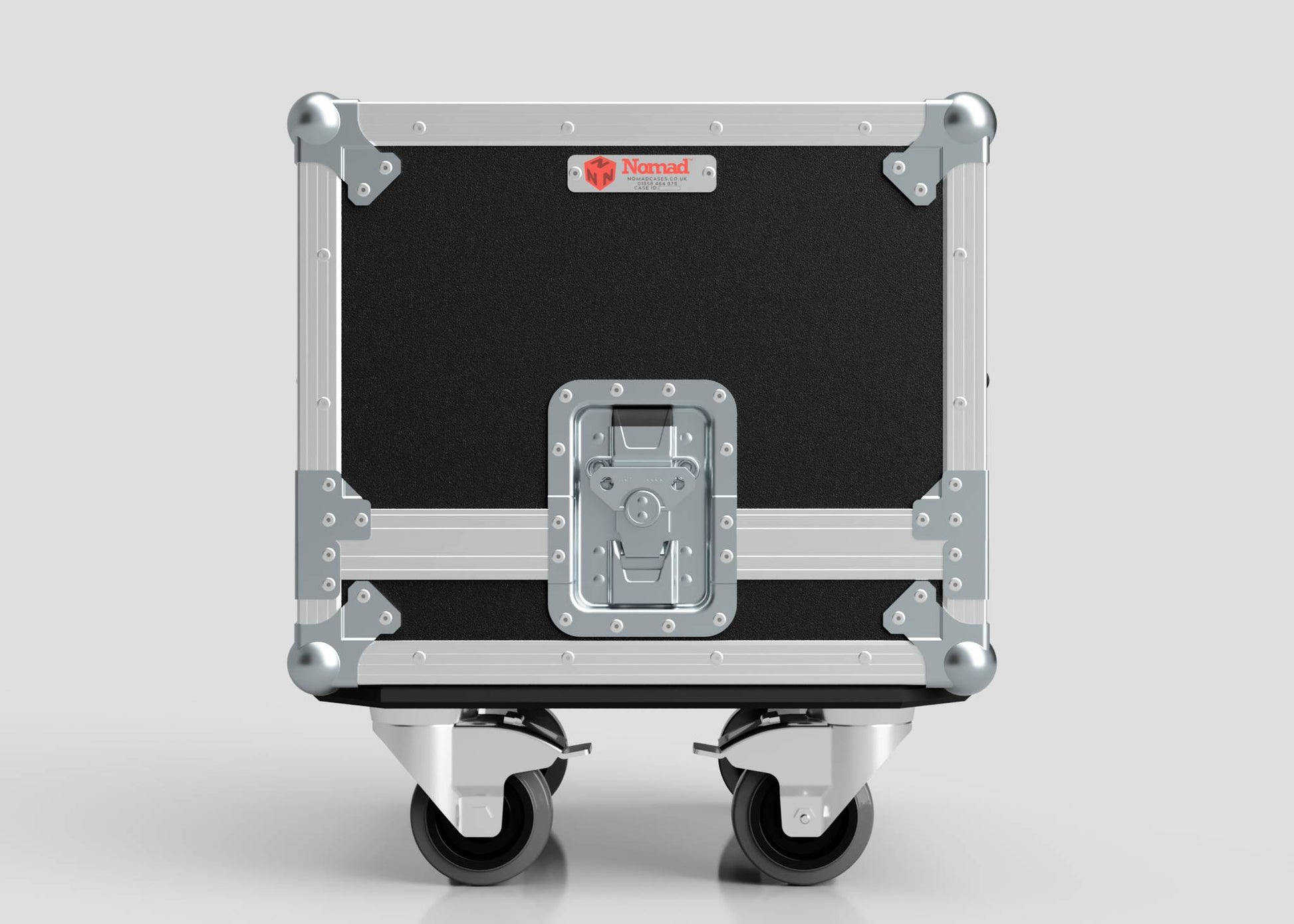 A black and silver Diff Case road case with metal reinforcements, latches, Nomad label, and heavy-duty caster wheels is shown against a plain backdrop. External dimensions are in mm for precise fit and transport.