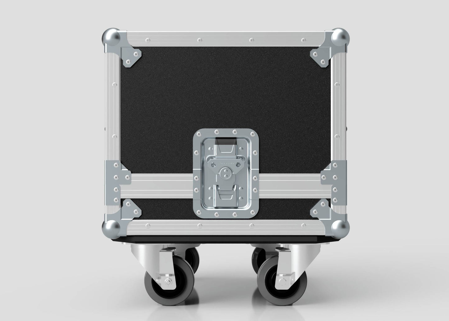 Diff Case: a black and silver road case with protective metal corners, recessed handle, four caster wheels, and external dimensions in mm shown on a white background.