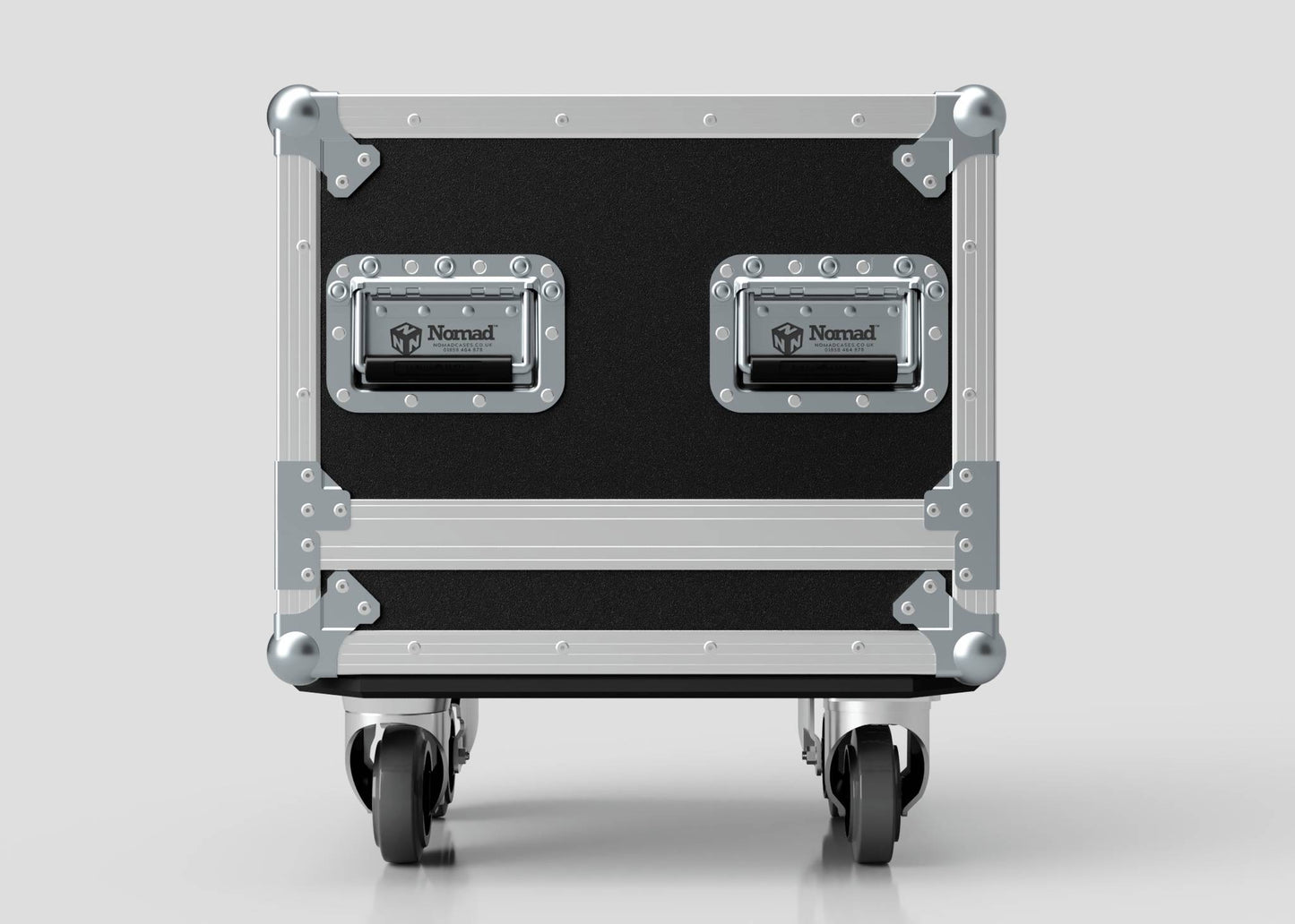 The Diff Case is a black and silver rolling equipment case with metal edges, handles, and four caster wheels, labeled 'Nomad.' Its external dimensions are displayed in mm for easy reference against a plain background.
