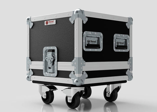 The Diff Case is a black and silver flight case with metal reinforcements and handles, mounted on four swiveling casters, shown on a light gray background and designed to optimize internal dimensions for secure storage.
