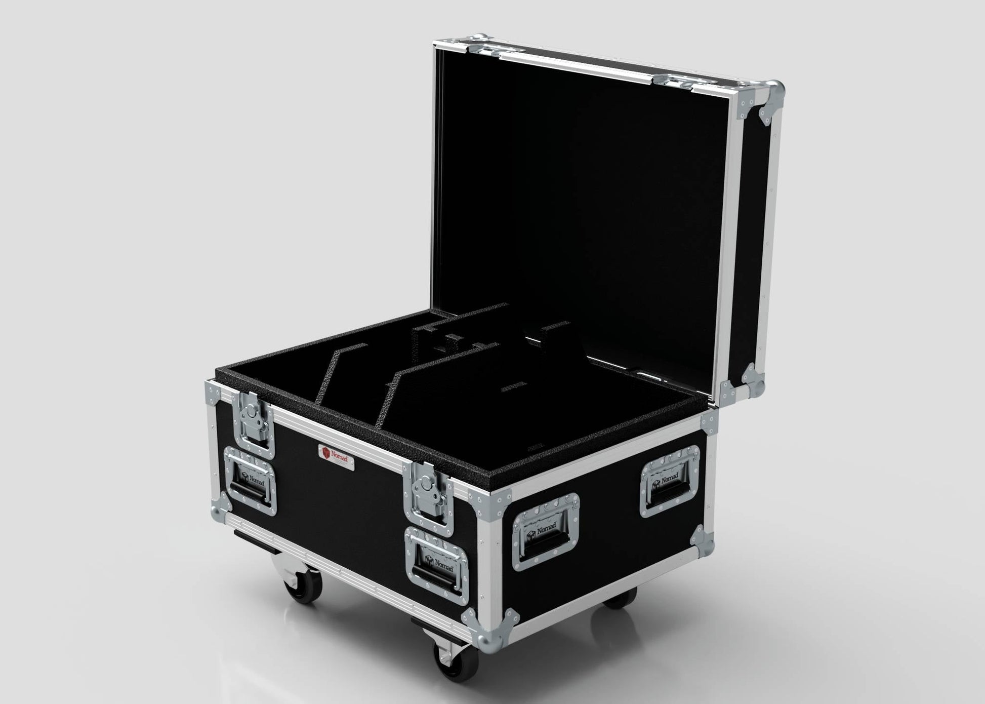 The Double Chainmaster 500Kg Chain Hoist Case is a black, hard-shell case with metal edges, latches, and four wheels. It features a foam-padded interior with custom cutouts and external dimensions of 805 x 600 x 573 mm.