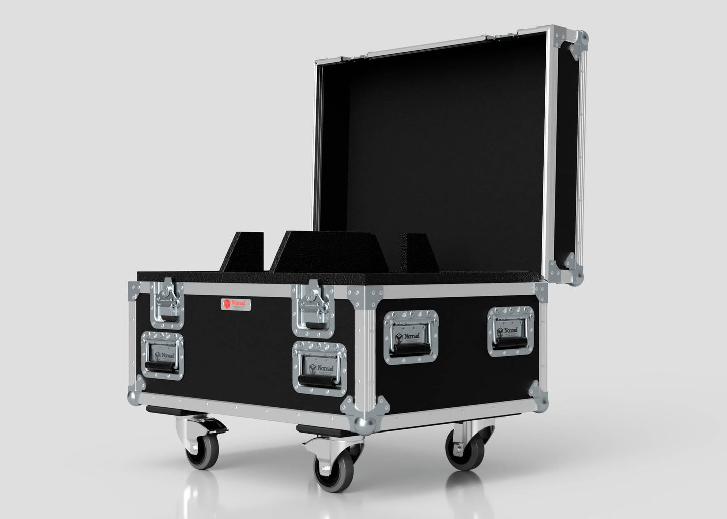 The Double Chainmaster 500Kg Chain Hoist Case is a large black case with metal reinforcements, an open lid, foam interior dividers, four wheels, and external dimensions of 805 x 600 x 573 mm on a plain light background.