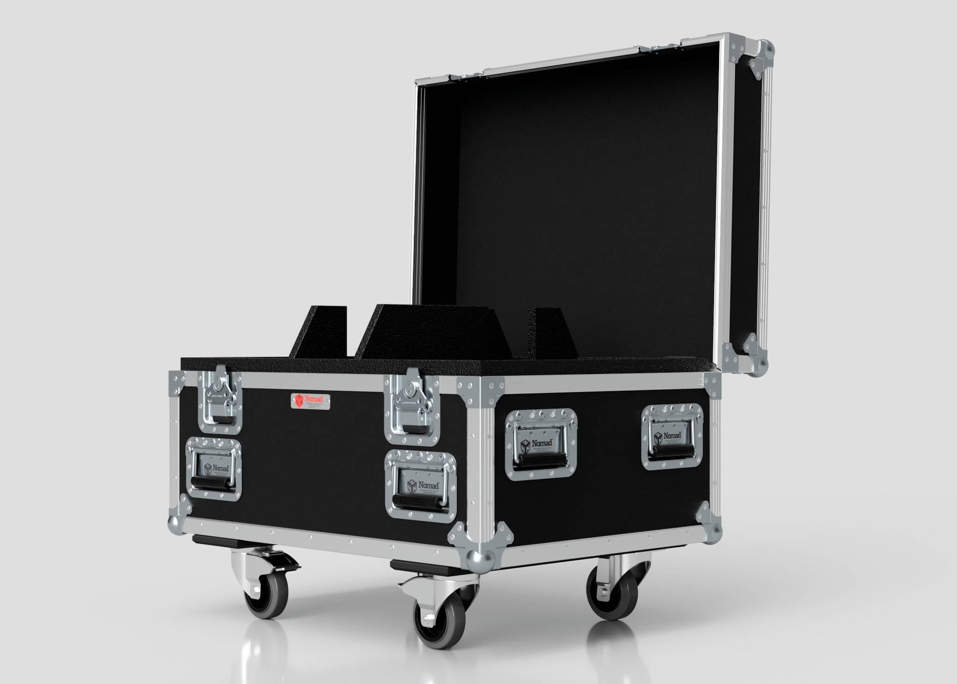 The Double Chainmaster 500Kg Chain Hoist Case is a large black case with metal reinforcements, an open lid, foam interior dividers, four wheels, and external dimensions of 805 x 600 x 573 mm on a plain light background.