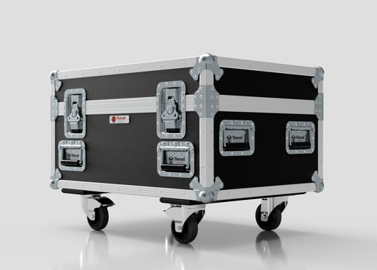 The Double Chainmaster 500Kg Chain Hoist Case is a black and silver rolling flight case with metal corners, handles, and latches, set against a plain light background. External dimensions: 805 x 600 x 573 mm.
