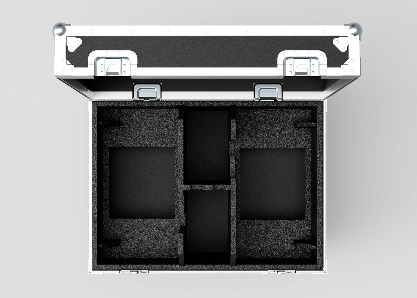 A top-down view of an open, empty Double Chainmaster 500Kg Chain Hoist Case with foam padding, two large rectangular compartments, extra small sections, and external dimensions of 805 x 600 x 573 mm.