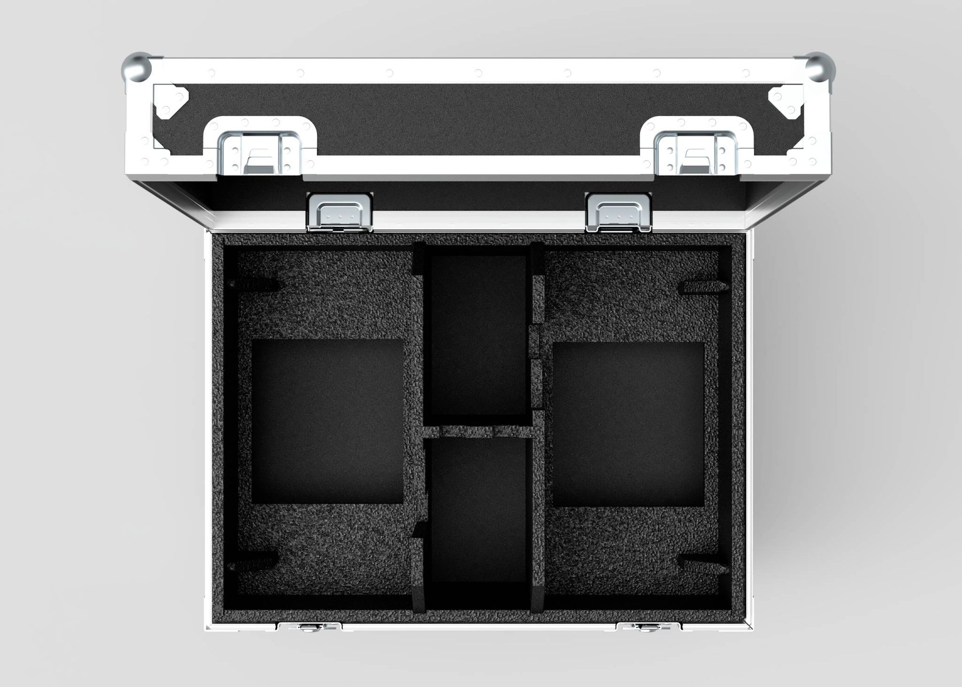 A top-down view of an open, empty Double Chainmaster 500Kg Chain Hoist Case with foam padding, two large rectangular compartments, extra small sections, and external dimensions of 805 x 600 x 573 mm.