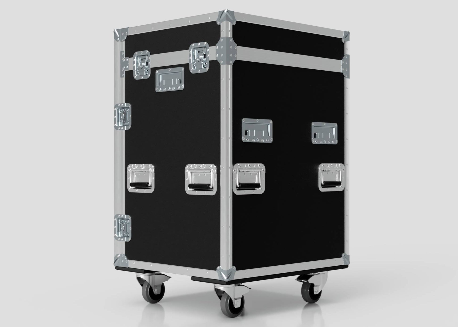 The black, rectangular Dressing Room/On Pitch First Aid Medical Case has metal edges, handles, latches, and four caster wheels, making it easy to transport medical supplies.