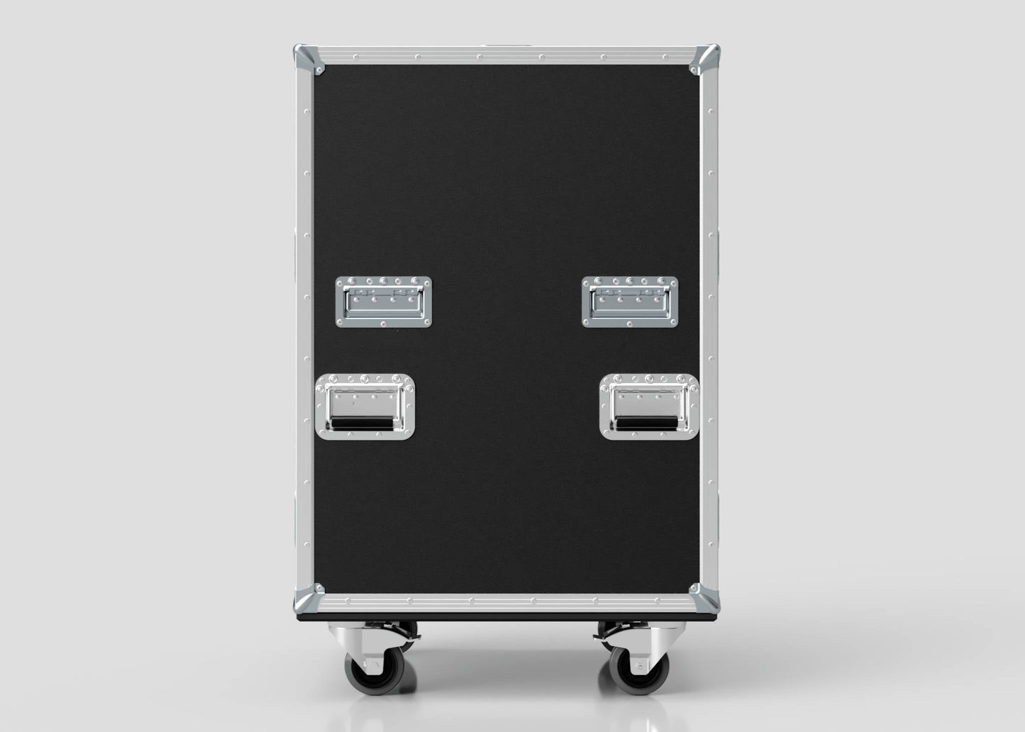 A black rectangular Dressing Room/On Pitch First Aid Medical Case with metal edges, four silver handles, and wheels—ideal for transporting medical supplies—shown against a plain light background.