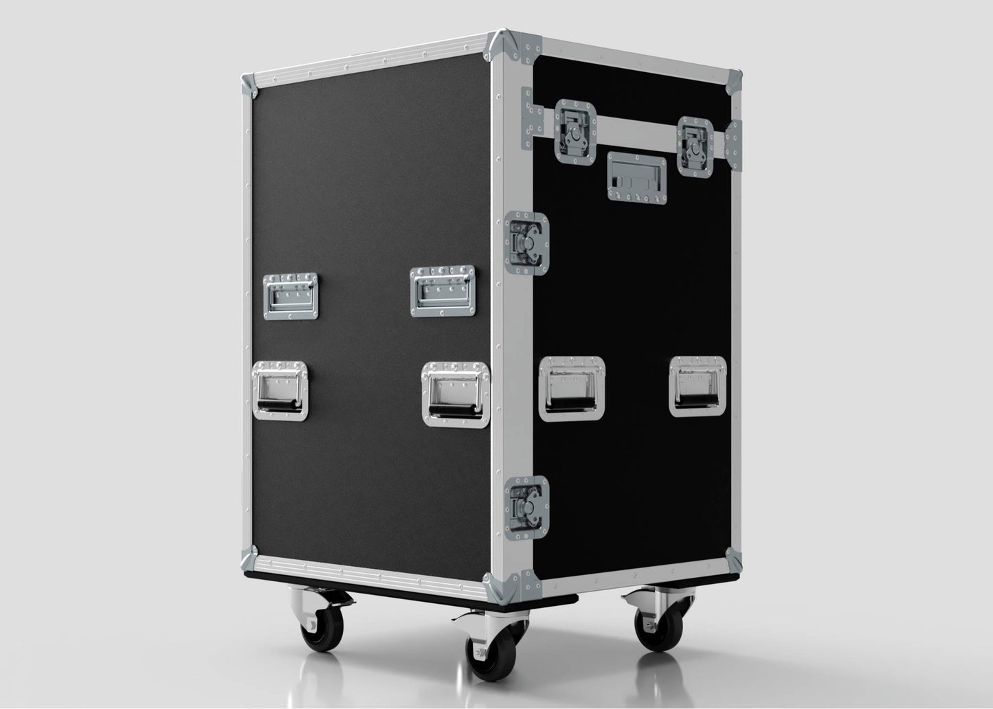 The Dressing Room/On Pitch First Aid Medical Case is a large black trolley with metal edges, handles, and latches on four caster wheels—perfect for easy medical supplies transport in sports or medical settings.