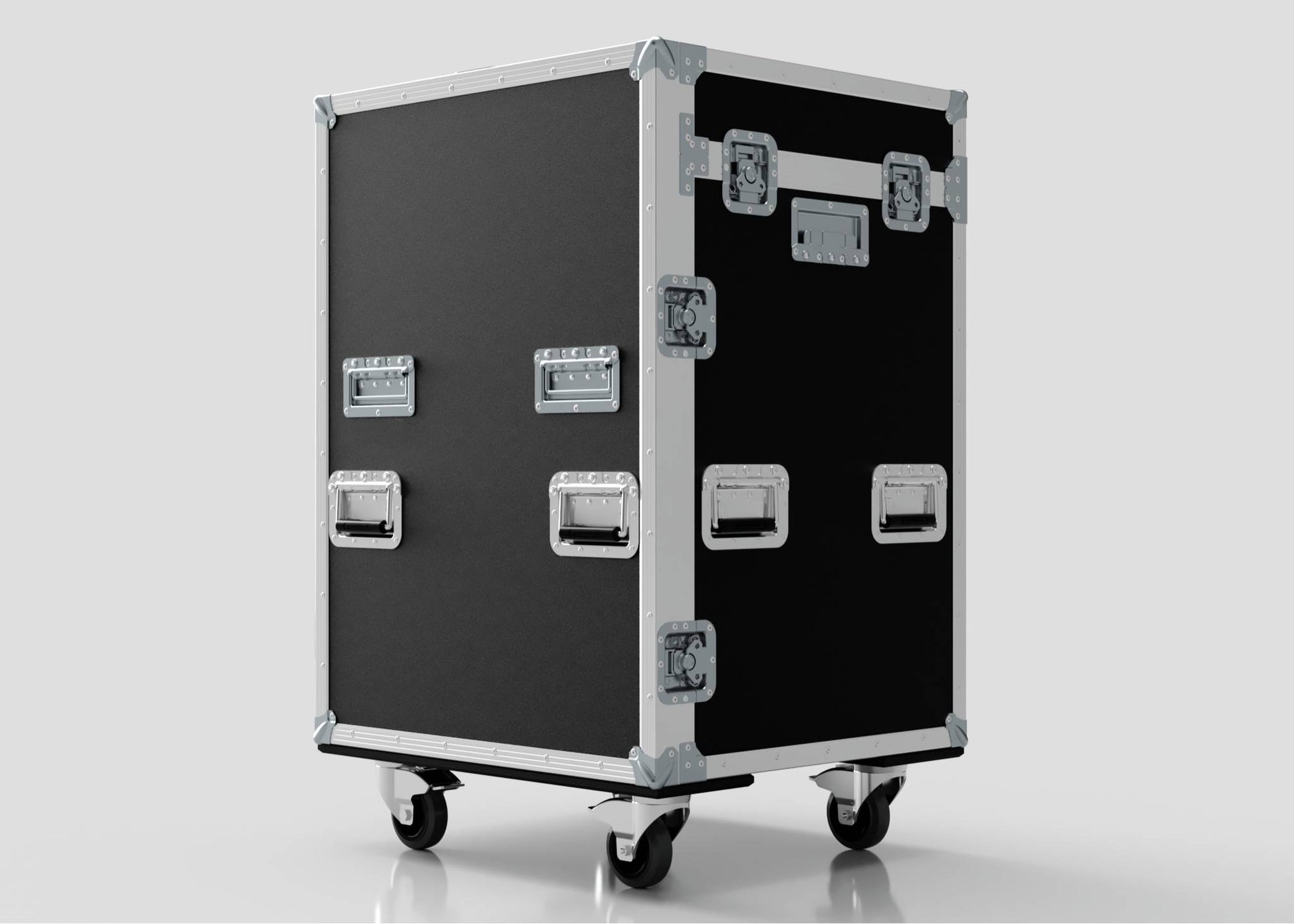 The Dressing Room/On Pitch First Aid Medical Case is a large black trolley with metal edges, handles, and latches on four caster wheels—perfect for easy medical supplies transport in sports or medical settings.