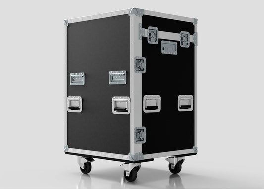 The Dressing Room/On Pitch First Aid Medical Case is a large black trolley with metal edges, handles, and latches on four caster wheels—perfect for easy medical supplies transport in sports or medical settings.