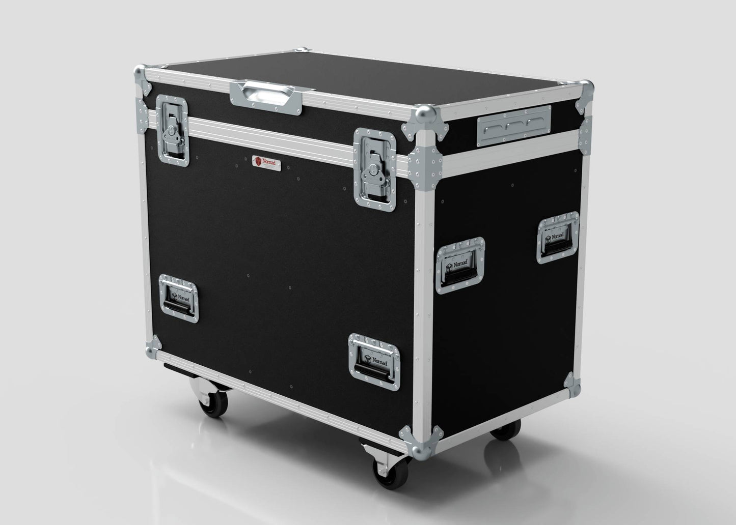 The Dual Prolight Hybrid 300IP is a large black and silver flight case with metal reinforcements, handles, and four wheels set on a plain light background. External dimensions: 1025 x 600 x 930 mm.
