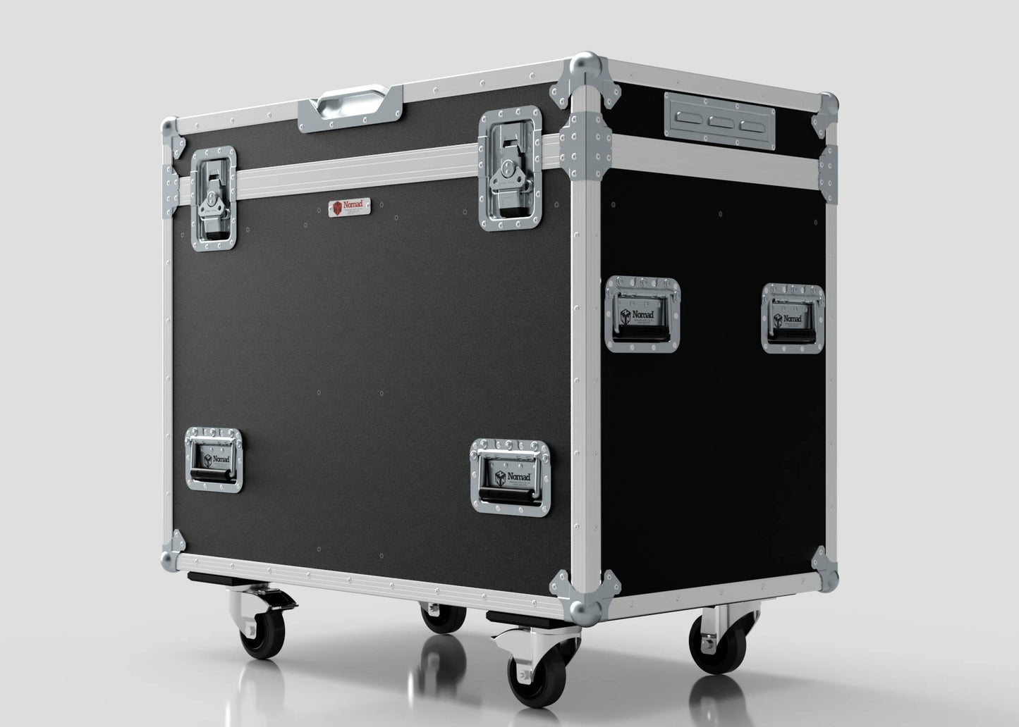 The Dual Prolight Hybrid 300IP is a large black and silver rolling equipment case with metal reinforced corners, handles, and latches; its external dimensions are 1025 x 600 x 930 mm.